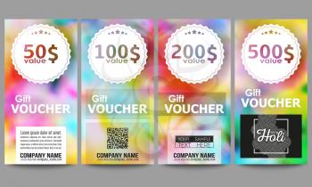 Set of modern gift voucher templates. Colorful background for Holi celebration, vector illustration.