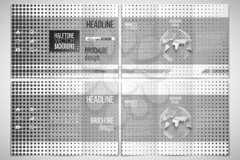 Vector set of tri-fold brochure design template. Halftone vector background. Black dots on white.