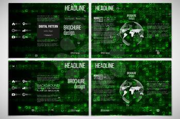 Vector set of tri-fold brochure design template on both sides with world globe element. Virtual reality, abstract technology background with green symbols, vector illustration.