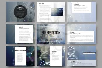 Set of 9 vector templates for presentation slides. DNA molecule structure on a blue background. Science vector background.