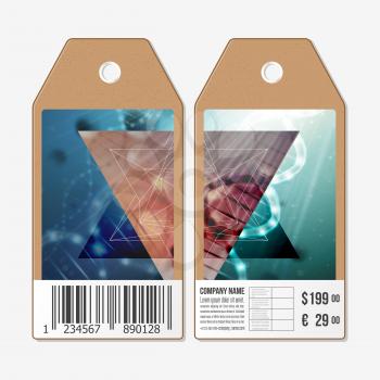 Vector tags design on both sides, cardboard sale labels with barcode. DNA molecule structure on a green background. Science vector background.