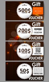 Set of modern gift voucher templates. Abstract lines background, dynamic glowing decoration, motion design, energy style vector illustration.