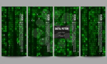 Set of modern vector flyers. Virtual reality, abstract technology background with green symbols, vector illustration.