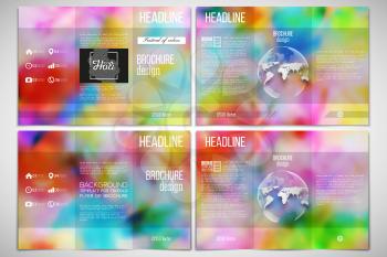 Vector set of tri-fold brochure design template on both sides with world globe element. Colorful background for Holi celebration, vector illustration.