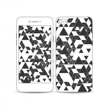 White mobile smartphone with an example of the screen and cover design isolated on white background. Triangular vector pattern. Abstract black triangles on white background.