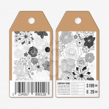 Vector tags design on both sides, cardboard sale labels with barcode. Hand drawn floral doodle pattern, abstract vector background.