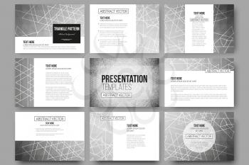 Set of 9 vector templates for presentation slides. Sacred geometry, triangle design gray background. Abstract vector illustration