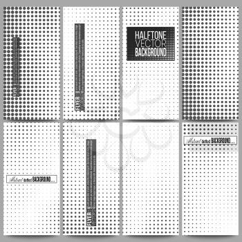 Set of modern vector flyers. Halftone vector background. Abstract halftone effect with black dots on white background.