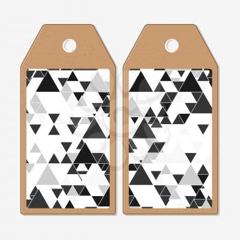 Vector tags design on both sides, cardboard sale labels. Triangular vector pattern. Abstract black triangles on white background