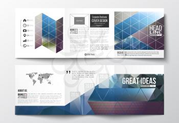 Vector set of tri-fold brochures, square design templates with element of world map. Abstract colorful polygonal background with blurred image on it, modern stylish triangle vector texture. 