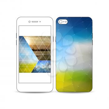 Mobile smartphone with an example of the screen and cover design isolated on white background. Abstract colorful polygonal backdrop, blurred image, modern stylish triangular and hexagonal vector textu