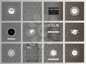 Set of 12 creative cards, square brochure template design. Chemistry pattern, hexagonal design vector illustration.