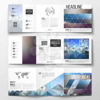Vector set of tri-fold brochures, square design templates with element of world map and globe. Abstract colorful polygonal background with blurred image on it, modern stylish triangle vector texture. 