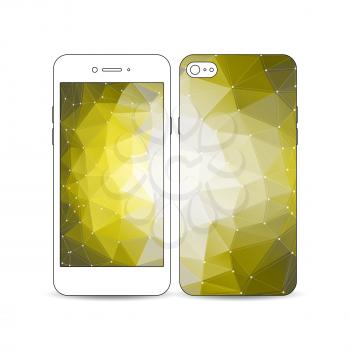 Mobile smartphone with an example of the screen and cover design isolated on white background. Molecular construction with connected lines and dots, scientific pattern on abstract yellow polygonal bac