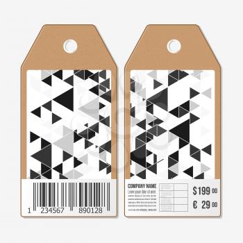 Vector tags design on both sides, cardboard sale labels with barcode. Triangular vector pattern. Abstract black triangles on white background