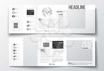 Vector set of tri-fold brochures, square design templates with element of world globe. Abstract colorful polygonal background, modern stylish triangle vector texture.