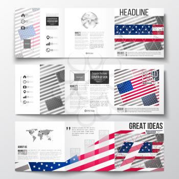 Vector set of tri-fold brochures, square design templates with element of world map and globe. Memorial Day background with abstract american flag, vector illustration.