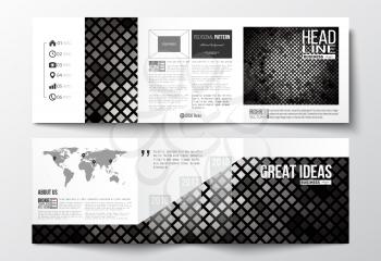 Vector set of tri-fold brochures, square design templates with element of world map. Abstract polygonal background, modern stylish sguare design silver vector texture