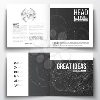 Vector set of square design brochure template. Molecular construction with connected lines and dots, scientific or digital design pattern on black background.