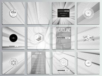 Set of 12 creative cards, square brochure template design. Abstract lines background, simple abstract monochrome texture.
