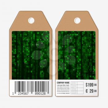 Vector tags design on both sides, cardboard sale labels with barcode. Virtual reality, abstract technology background with green symbols, vector illustration.