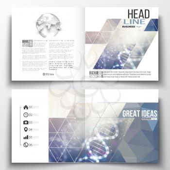 Vector set of square design brochure template. DNA molecule structure on a blue background. Science vector background.