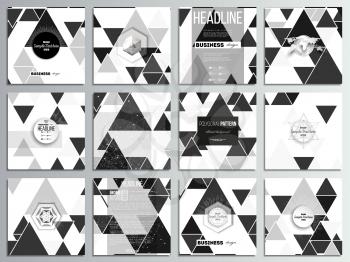 Set of 12 creative cards, square brochure template design. Triangular vector pattern. Abstract black triangles on white background.
