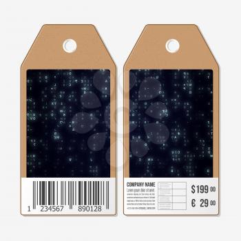 Vector tags design on both sides, cardboard sale labels with barcode. Virtual reality, abstract technology background with blue symbols, vector illustration.