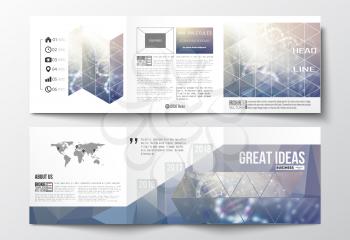 Vector set of tri-fold brochures, square design templates with element of world map. DNA molecule structure on a blue background. Science vector background.