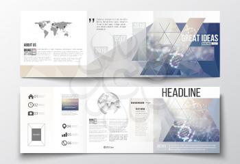 Vector set of tri-fold brochures, square design templates with element of world map and globe. DNA molecule structure on a blue background. Science vector background.