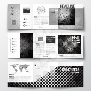Vector set of tri-fold brochures, square design templates with element of world map and globe. Abstract polygonal background, modern stylish square design silver vector texture.
