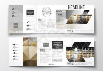 Vector set of tri-fold brochures, square design templates with element of world globe. Colorful polygonal background, blurred image, night city landscape, modern stylish triangular vector texture.