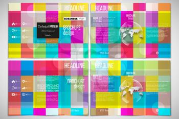 Vector set of tri-fold brochure design template on both sides with world globe element. Abstract colorful business background, modern stylish vector texture.