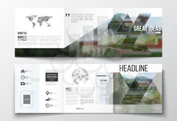Vector set of tri-fold brochures, square design templates with element of world map and globe. Polygonal background, blurred image, park landscape, modern stylish vector texture.