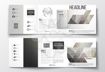 Vector set of tri-fold brochures, square design templates with element of world globe. Microchip background, electrical circuits, science design vector template. 