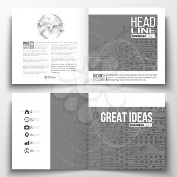 Vector set of square design brochure template. Microchip background, electrical circuits, construction with connected lines, scientific or digital design pattern, science design vector 