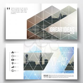 Set of annual report business templates for brochure, magazine, flyer or booklet. Abstract colorful polygonal backdrop with blurred image, modern stylish triangular vector texture. 