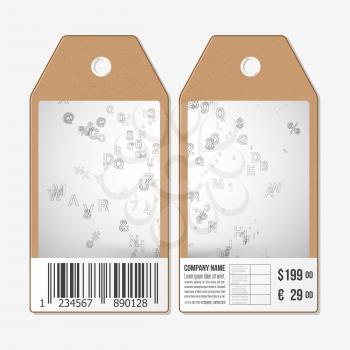 Vector tags design on both sides, cardboard sale labels with barcode. Tags cloud. Abstract business background.