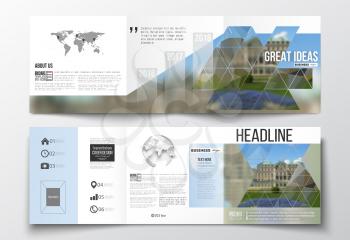Vector set of tri-fold brochures, square design templates with element of world map and globe. Polygonal background, blurred image, park landscape, modern stylish vector texture.