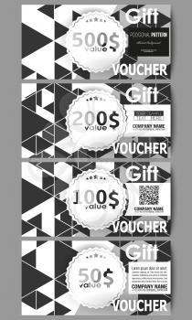 Set of modern gift voucher templates. Triangular vector pattern. Abstract black triangles on white background.