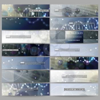 Set of modern vector banners. DNA molecule structure on dark blue background. Science vector background.