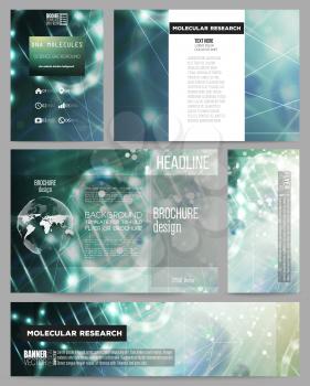 Set of business templates for presentation, brochure, flyer or booklet. DNA molecule structure on dark geen background. Science vector background.