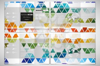 Vector set of tri-fold brochure design template on both sides with world globe element. Abstract colorful business background, modern stylish hexagonal and triangle vector texture.