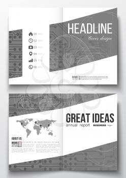 Set of business templates for brochure, magazine, flyer, booklet or annual report. Microchip background, electrical circuits, construction with connected lines, scientific or digital design