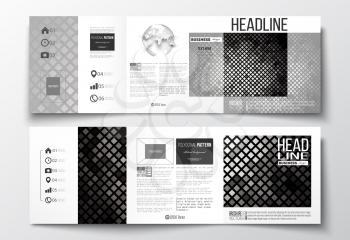 Vector set of tri-fold brochures, square design templates with element of world globe. Abstract polygonal background, modern stylish sguare design silver vector texture.