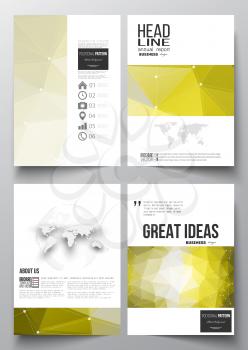 Set of business templates for brochure, magazine, flyer, booklet or annual report. Molecular construction with connected lines and dots, scientific pattern on abstract yellow polygonal background, mod