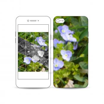 Mobile smartphone with an example of the screen and cover design isolated on white background. Polygonal floral background, blurred image, blue flowers in green grass closeup, triangular texture