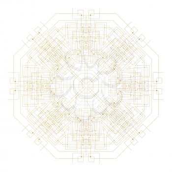 Abstract round technology pattern isolated on white background, golden mandala template with connecting lines and dots, connection structure. Digital scientific vector.