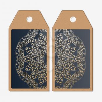 Vector tags design on both sides, cardboard sale labels. Golden microchip pattern, abstract template with connecting dots and lines, connection structure. Digital scientific vector background