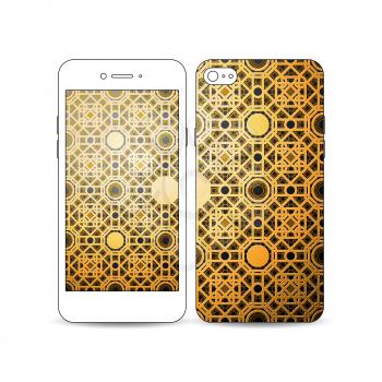 Mobile smartphone with example of the screen and cover design isolated on white background. Islamic gold pattern, overlapping geometric square shapes forming abstract ornament. Vector golden texture